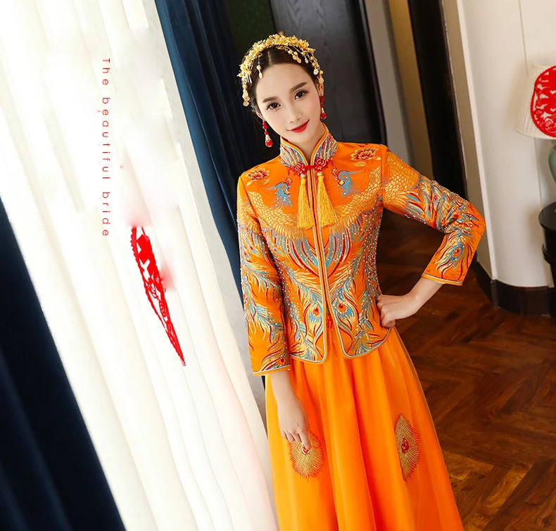 

Overseas Chinese Orange retro toast clothes China Wedding dress bride cheongsam Asian long sleeved Characteristic wedding dress
