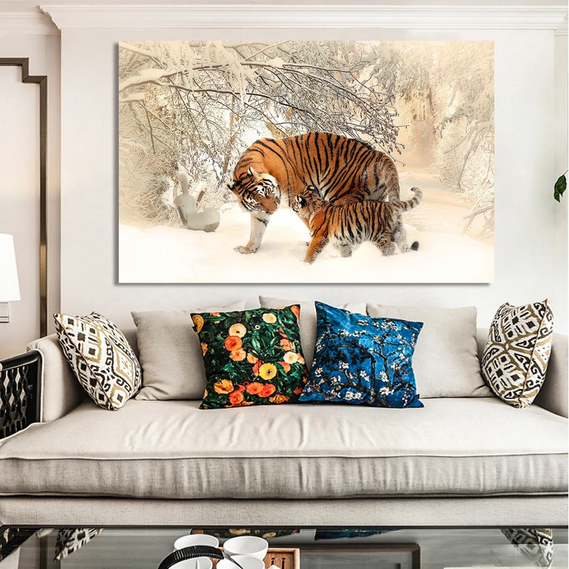 Постеры и принты с животными настенная живопись на холсте цветы Два тигра снегу
