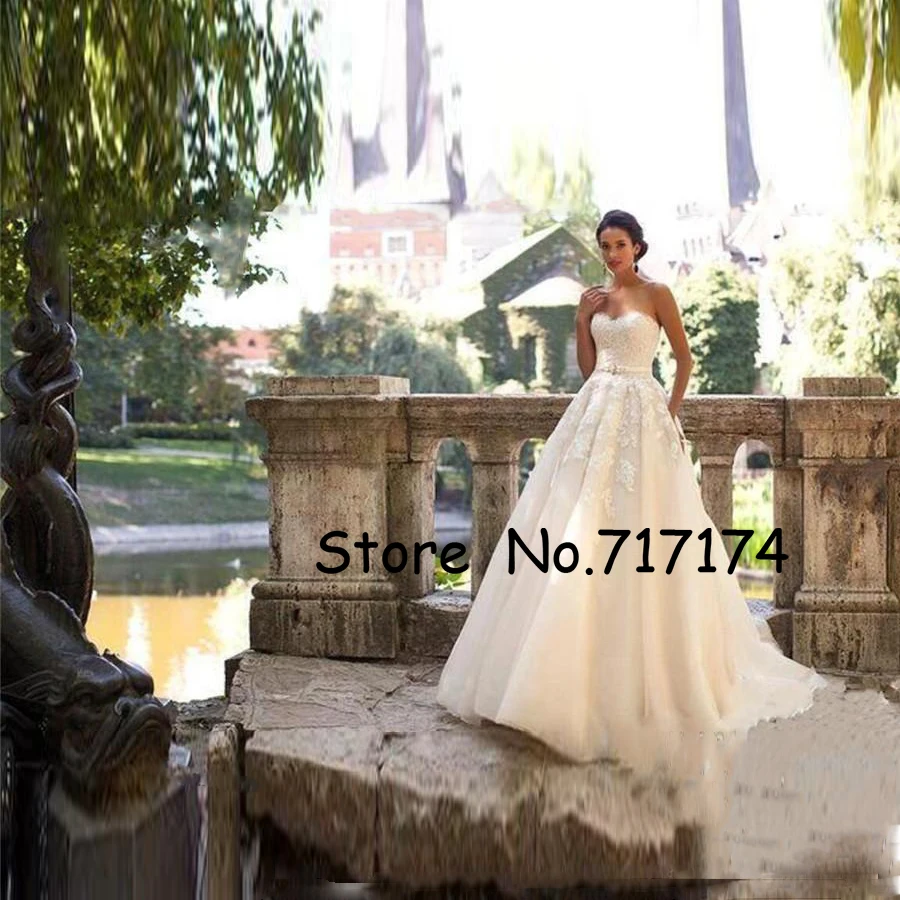 Sweetheart with Beads A Line Sweep Train Champagne Wedding Dresses Romantic Bridal Gowns Vintage Lace Vestido De Novia