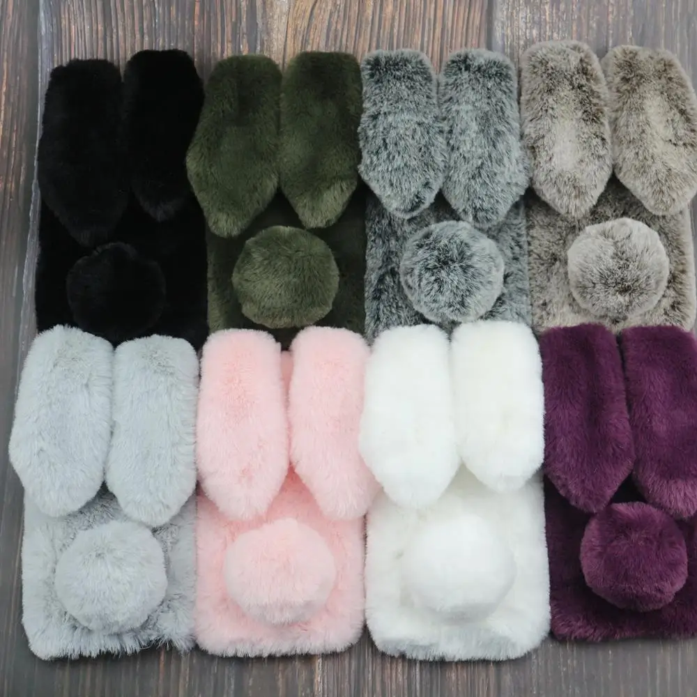 For iPhone XS Max case Warm Plush Fluffy pet rabbit fur TPU X XR 6 7 8plus soft cover 3D doll pink Cover |