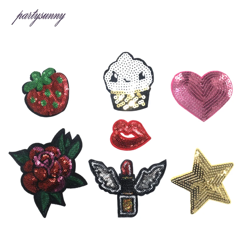 PF 7pcs/lot Sequin Patch Lipstick Flower Patches for Cloth Embroidery Badges on Backpack Dress Applique Decoration Sticker AD002 | Дом и сад