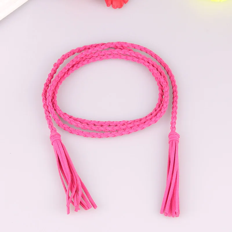Rose red Renie SEAN плетеный кожаный женский ремень, тонкие женские ремни с кисточками для платьев, яркие цвета,, Летний зеленый женский ремень на шнуровке - Цвет: Rose red