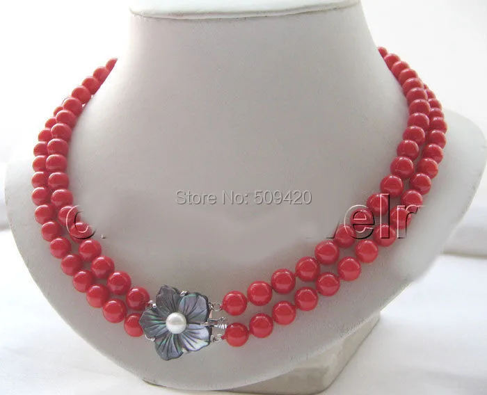 

AAA double 17-18" 8mm natural perfect round red coral necklace-shell clasp