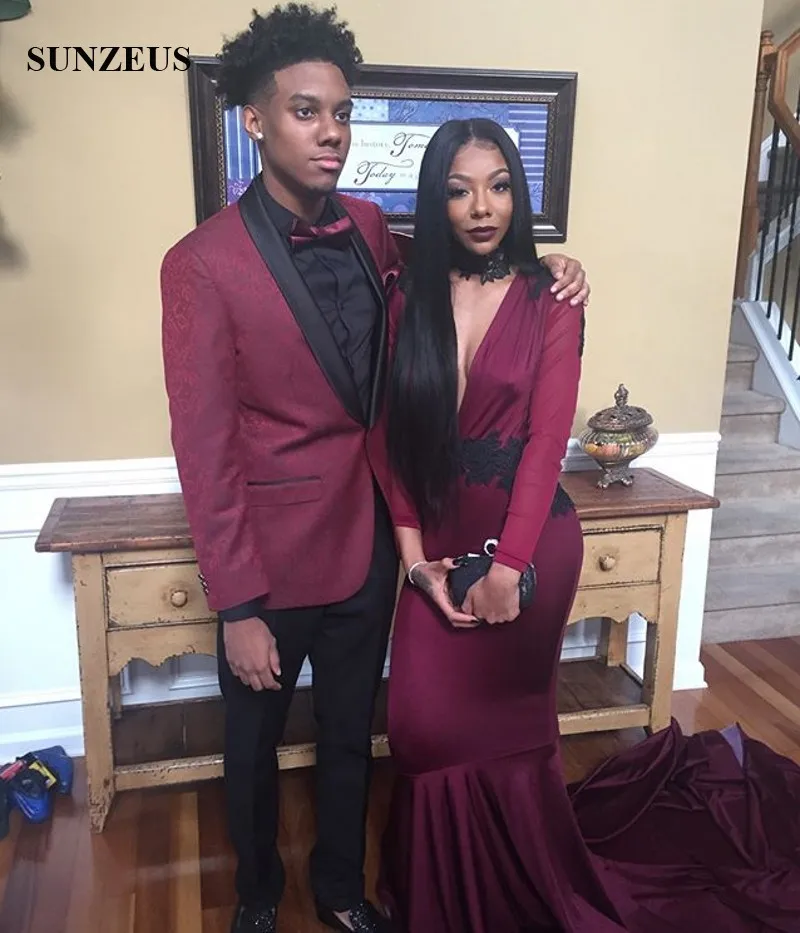 

Mermaid Burgundy Prom Gowns With Black Appliques Sexy Deep V-neck Long Sleeves Party Dress For Black Girls vestidos gala