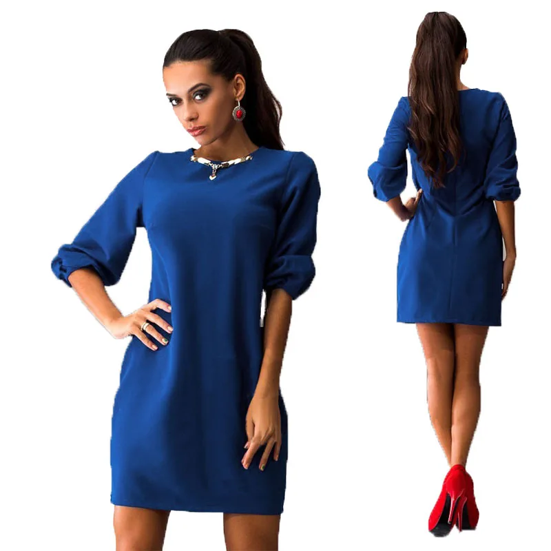 2016 Summer Mini Women Dress O Neck Metallic Three Quarter Lantern Sleeve Elegant Office Dress Solid Color Loose Casual Dress