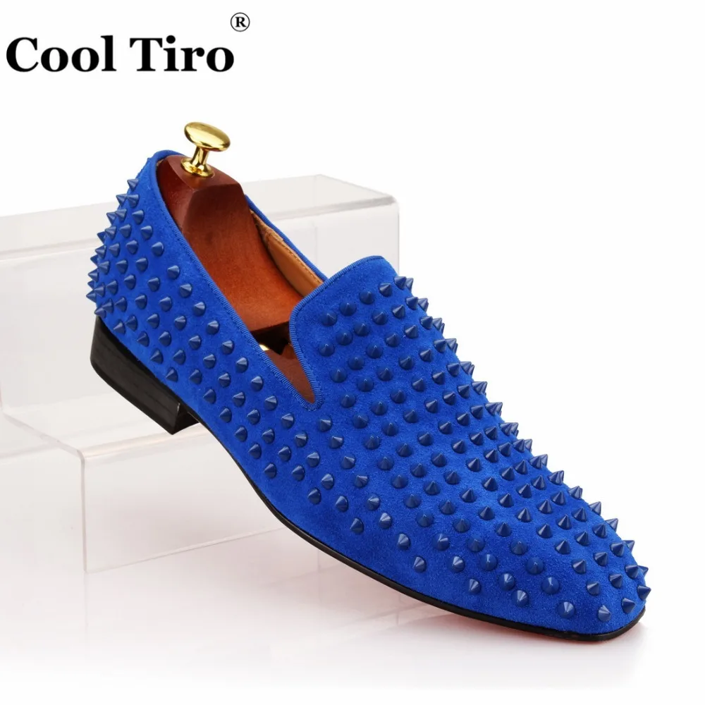 Крутые мужские лоферы TIRO с шипами и заклепками синие замшевые модельные туфли