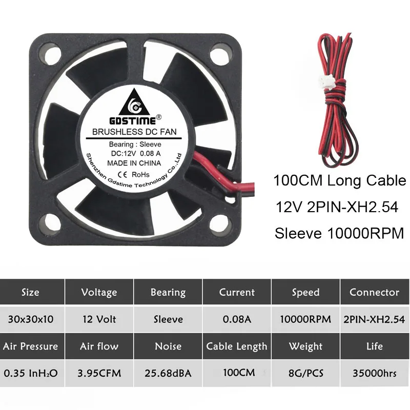12V Sleeve 100cmWire 2 шт. Gdstime двойной шариковый подшипник постоянного тока 24 В 12 В 5 в 3 см 30 мм 30x30x10 мм 3010 Бесщеточный Мини кулер охлаждающий вентилятор - Цвет лезвия: 12V Sleeve 100cmWire