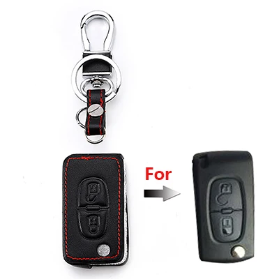 Black 2 buttons OkeyTeach 2/3 пуговицы стайлинга автомобилей кожаный чехол для автомобильных ключей, крышка чехол для peugeot 107 207 307 407 308 607 для Citroen C1 C2 C3 C4 C5 C6 - Название цвета: Black 2 buttons