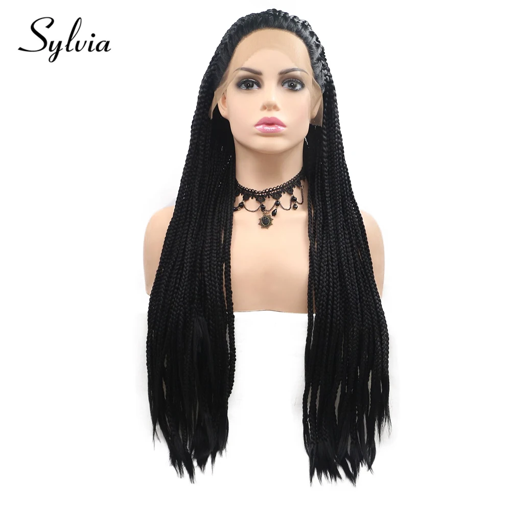 Sylvia 1b черный плетеный ящик косички Синтетические Кружева передние парики натуральные черные большие плетеные термостойкие волокна волос для женщин