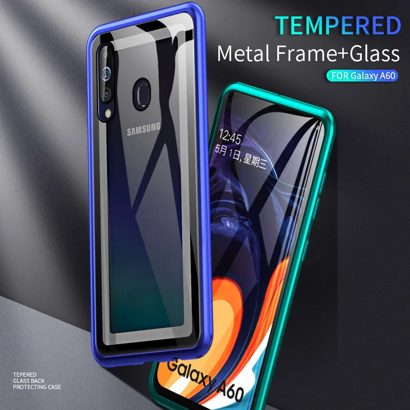 For Samsung Galaxy A60 Case Transparent Tempered Glass Metal Frame Back Cover Hard Cases Clear phone case |
