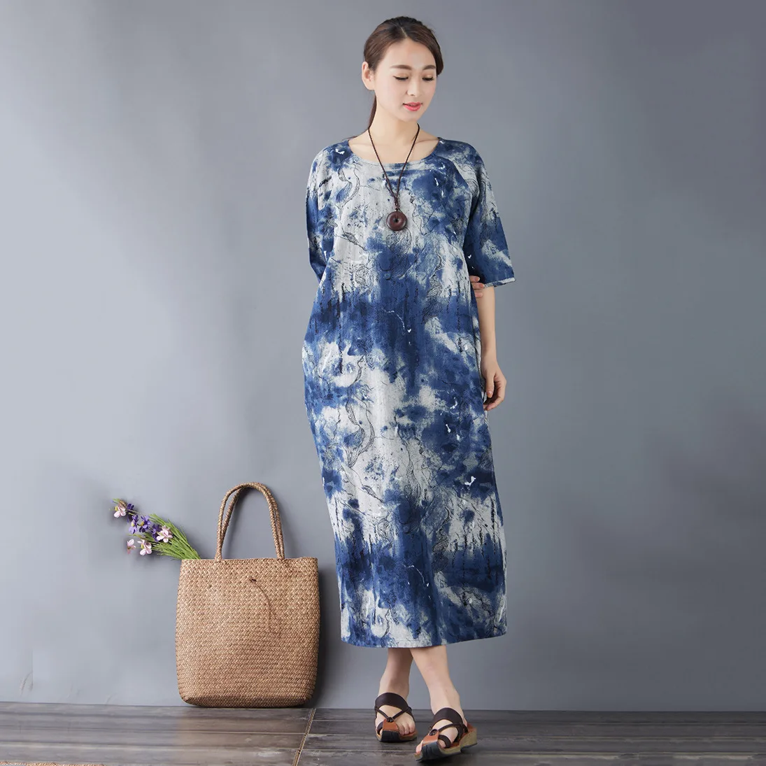 2018 летние Цзяннань китайской тушью галстук-окрашенные хлопка в рукав халат