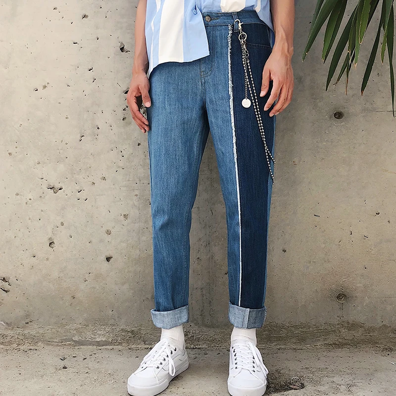 

Original design unilateral blue mosaics jeans Korean version of the trend casual straight pants