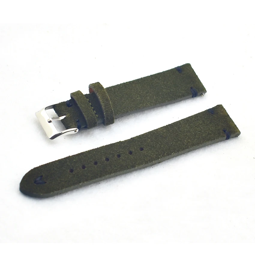 Onthelevel Genuine Leather Watch Band 18 20 22mm Dark Green with white black stitching Suede Leather Watch straps Quick release