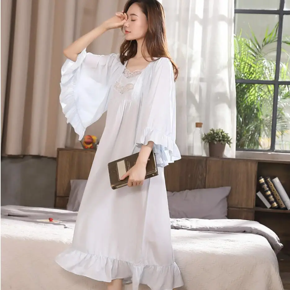 Белый New Pregnant Women Long Night Dress Nightdress Ruffle Sleeve Maternity Shirt Elegant Vintage Shirts Home Dress Pajamas - Цвет: Белый