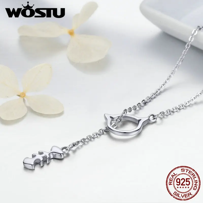 WOSTU бренд подлинное серебро 925 пробы любовь кота кулон ожерелья для женщин модные