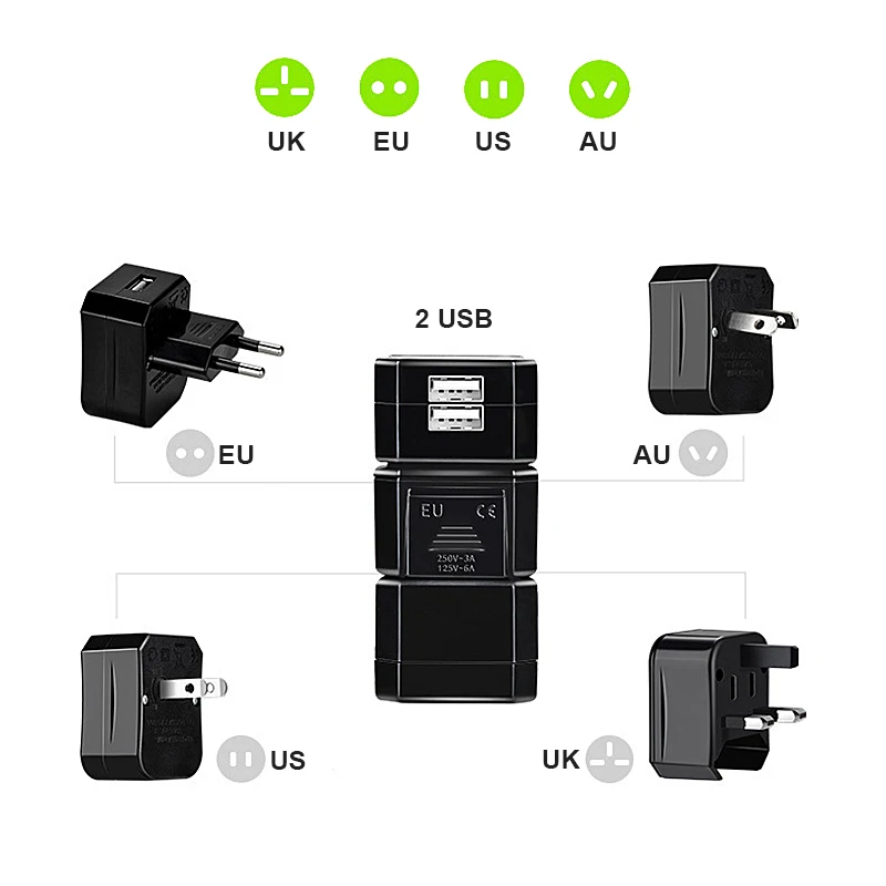 Black 2USB Универсальный глобальный дорожный адаптер для зарядного устройства по всему миру AC адаптер выход 240 В США ЕС AU Великобритания Plug и более SGS CE утвержден высокое качество - Цвет: Black 2USB