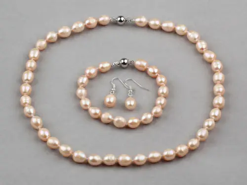 Natural Pink Rice Freshwater Pearl Necklace and Matched Bracelet Earrings set | Украшения и аксессуары