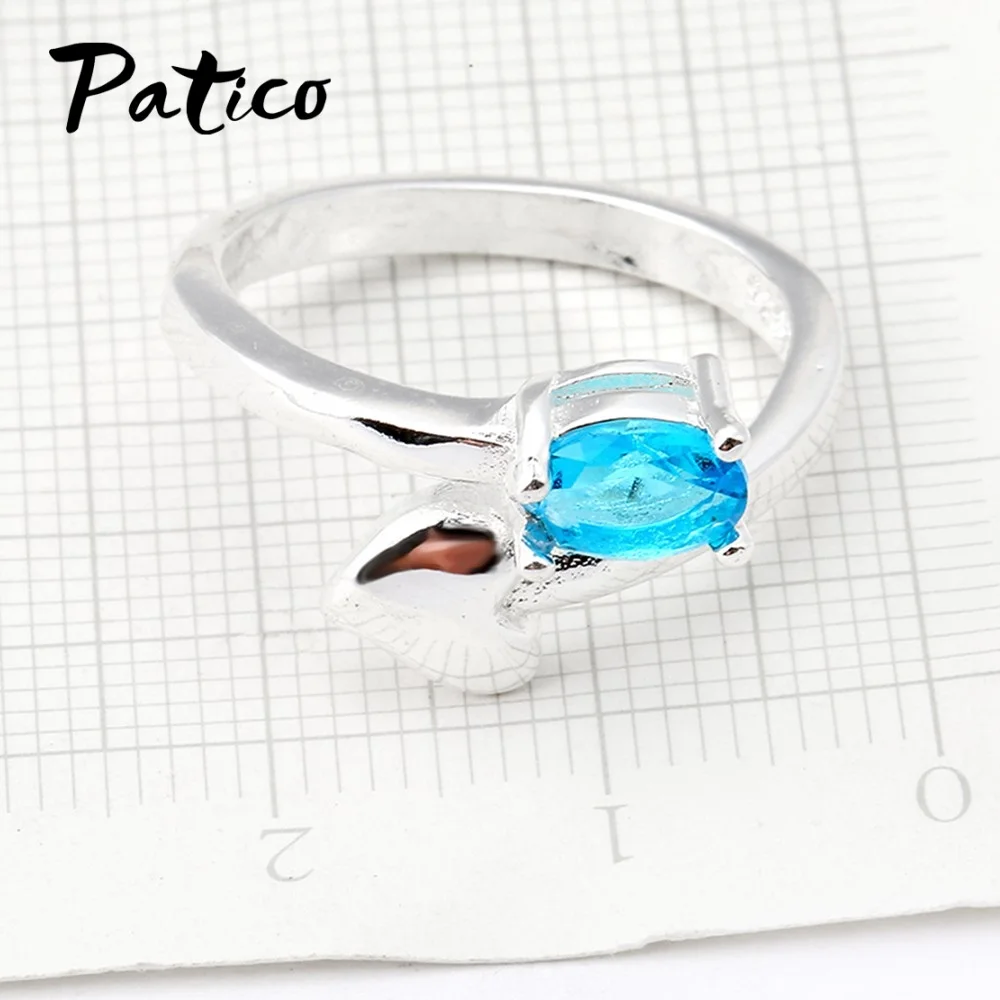 

Pretty Sky Blue Crystal 925 Sterling Silver Band Rings Oval Cubic Zircon Stone with Heart Design Adjustable Free Size