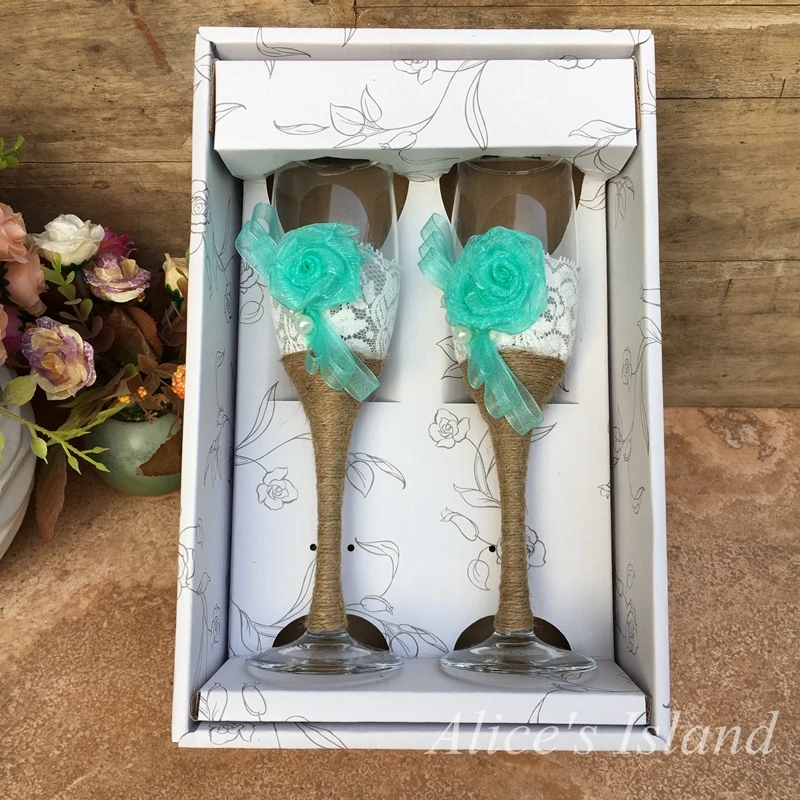 2pcs/set Wedding Glasses Champagne Toasting Flutes Customized Burlap Lace Rustic Favor Gift | Дом и сад
