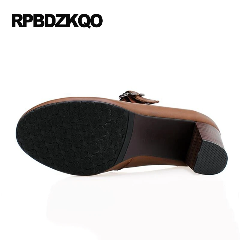 2017 Плюс размер Круглый носок насосы коричневый маленький деревянный Мэри Джейн