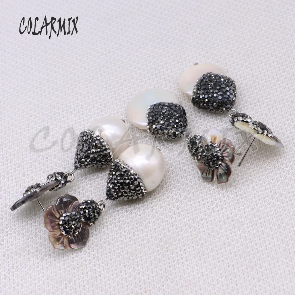 Natural pearls earrings pave rhinestone flower shell fashion jewelry wholesale Jewelry gift for lady 4459 | Украшения и
