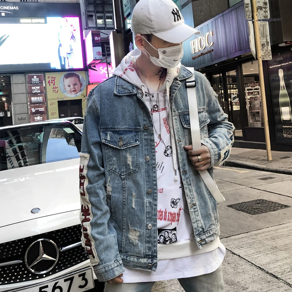 ABOORUN Hi Street, мужские джинсовые куртки в стиле хип-хоп, негабаритные, в стиле пэчворк, рваные джинсовые куртки, уличная мода, мужское осеннее пальто, x1286