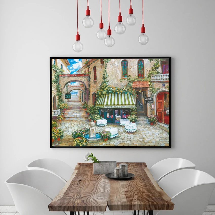 Средиземноморский Цветок Сад кофейный дом пейзаж холст печать масляная живопись