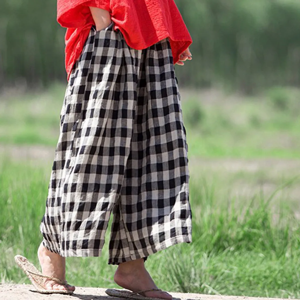 Женские boho Широкие брюки сексуальные с высокой талией клетчатый Карман Цветочные Широкие брюки новейший стиль Горячая Распродажа мода лето
