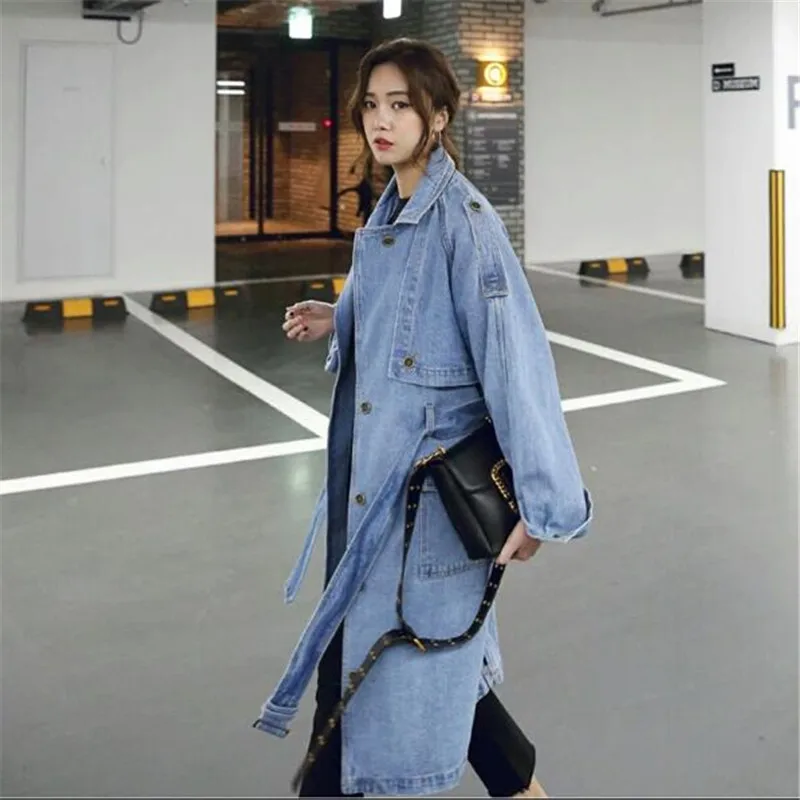 Женская джинсовая куртка с длинным рукавом свободная Длинная ветровка поясом