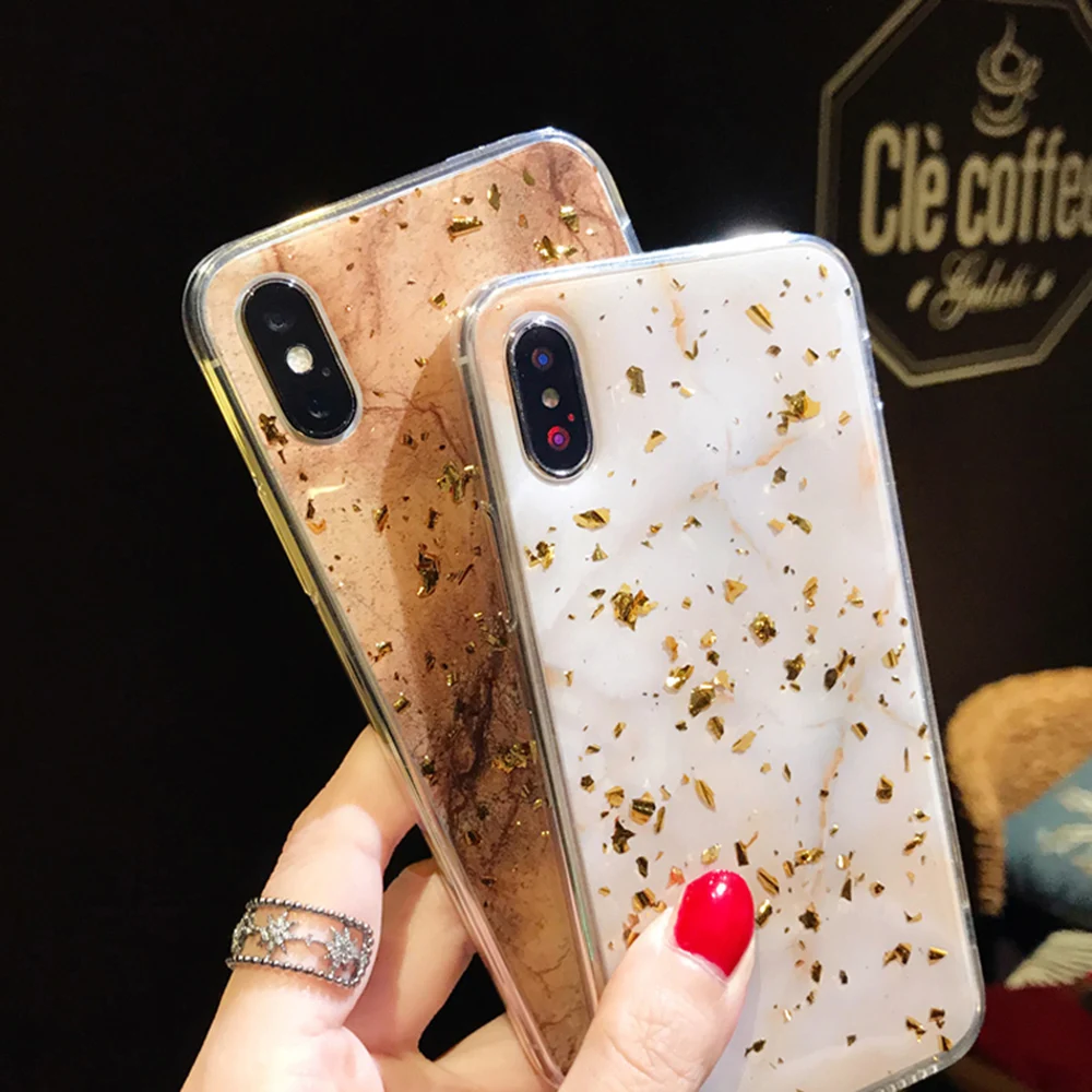 Gold Foil Bling Marble Phone Case For iPhone 6 7 8 Plus X XR XS Luxury Glitter Soft TPU with Film |