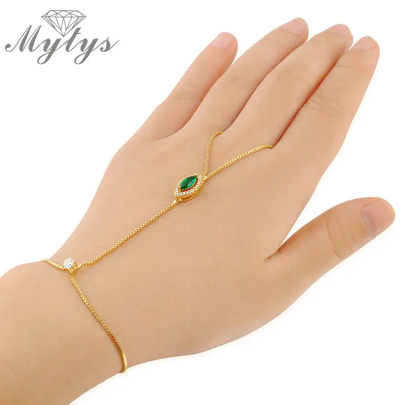 Женский браслет с кристаллами Mytys зеленый ладонью кольцом &quotПальмовые Листья&quot