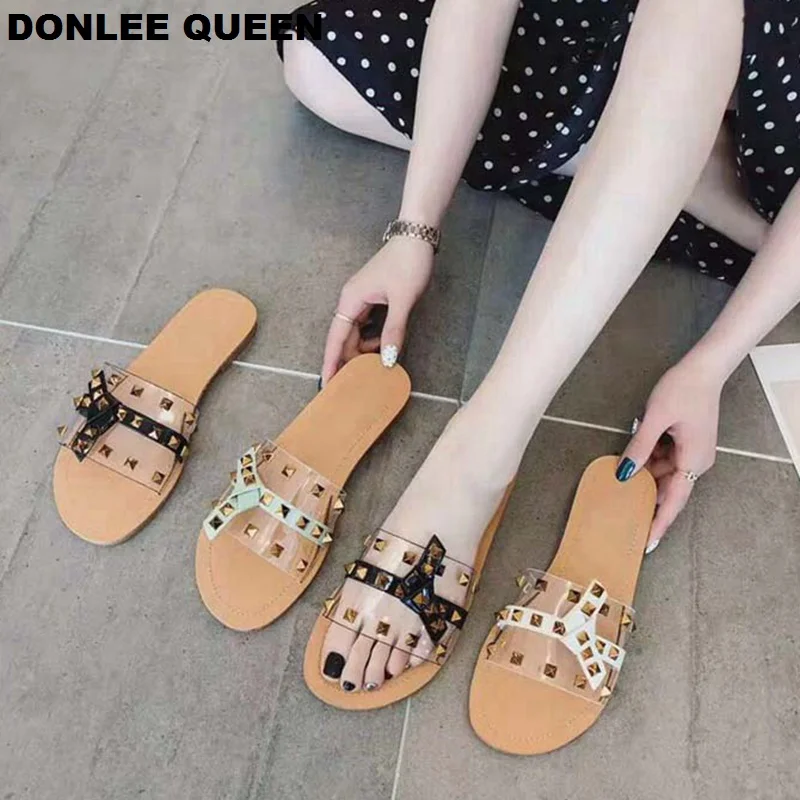 DONLEE QUEEN/Брендовые женские шлепанцы с заклепками повседневная обувь на плоской