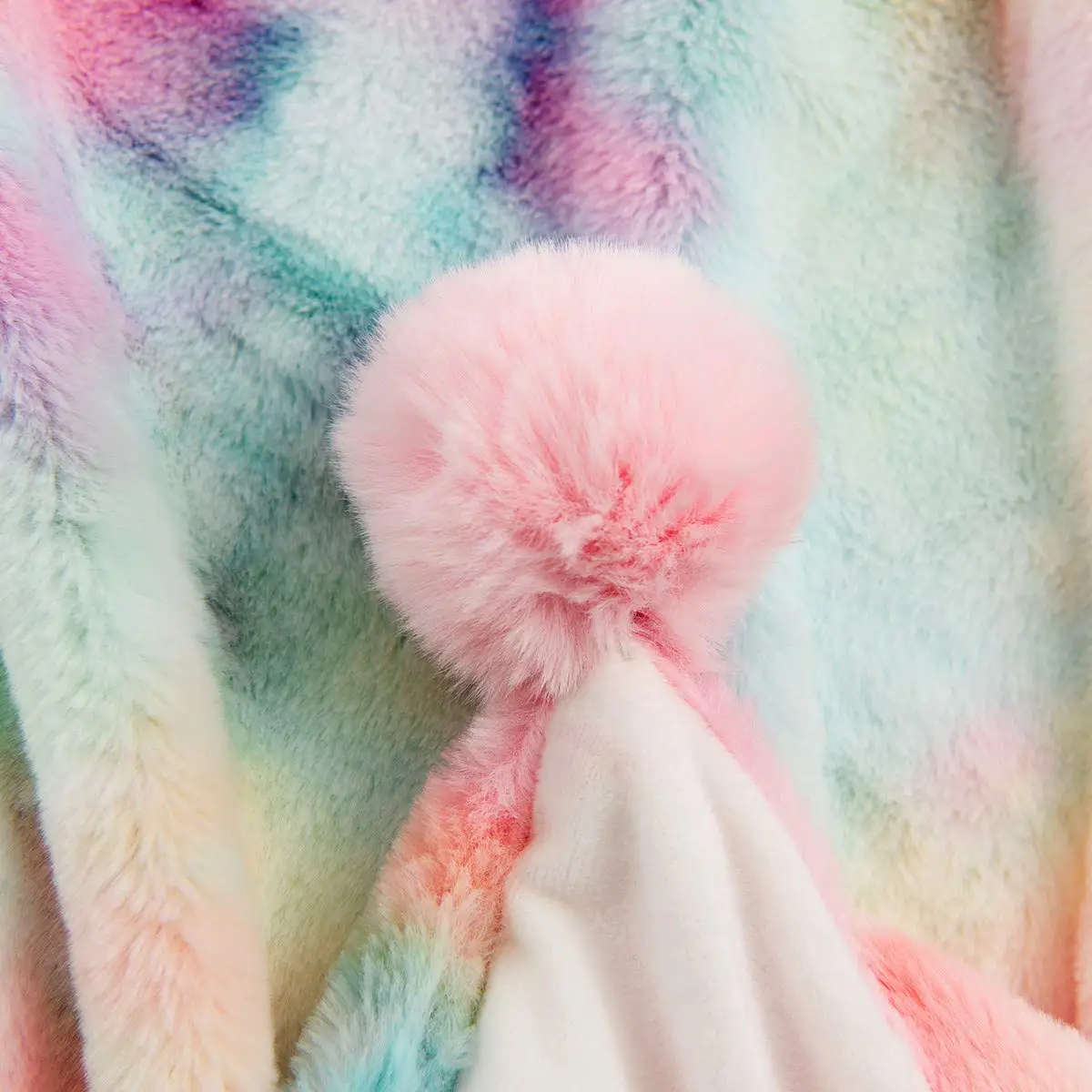 

Super Soft Faux Rabbit Hair Colorful Rainbow Throw Blanket for Girls Gift Cozy Couch Blanket with Pom Poms