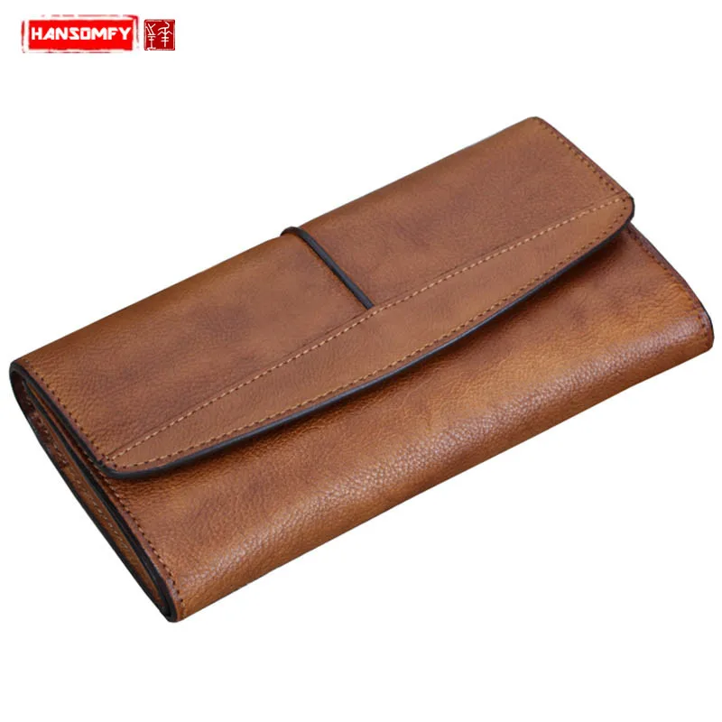 Women's Handmade Wallet Female Genuine Leather Long Wallet Retro Long Zipper Three Fold Wallets Card Coins Purses Clutch Bags