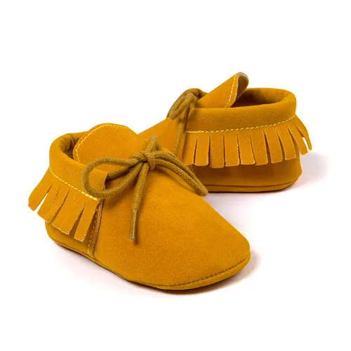 yellow Искусственная кожа, для новорожденных для маленьких мальчиков и девочек; Мягкие Мокасины обувь Bebe бахрома мягкая подошва во-первых ходунки для малышей в Стиле Лолита; туфли на шнуровке; обувь для колыбельки - Цвет: yellow