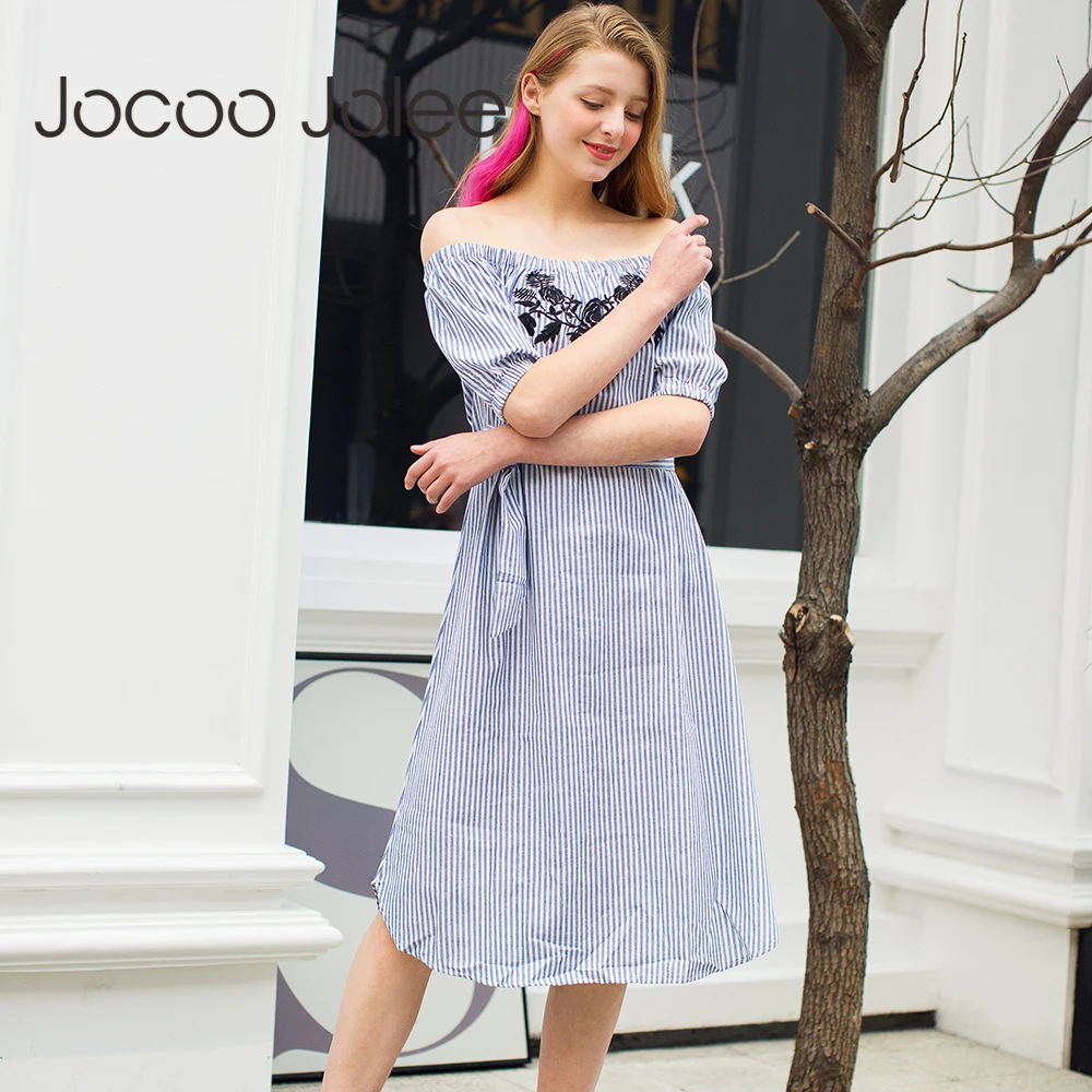 Jocoo Jolee Модное Длинное Платье с вышивкой вырезом лодочкой полурукавами и поясом