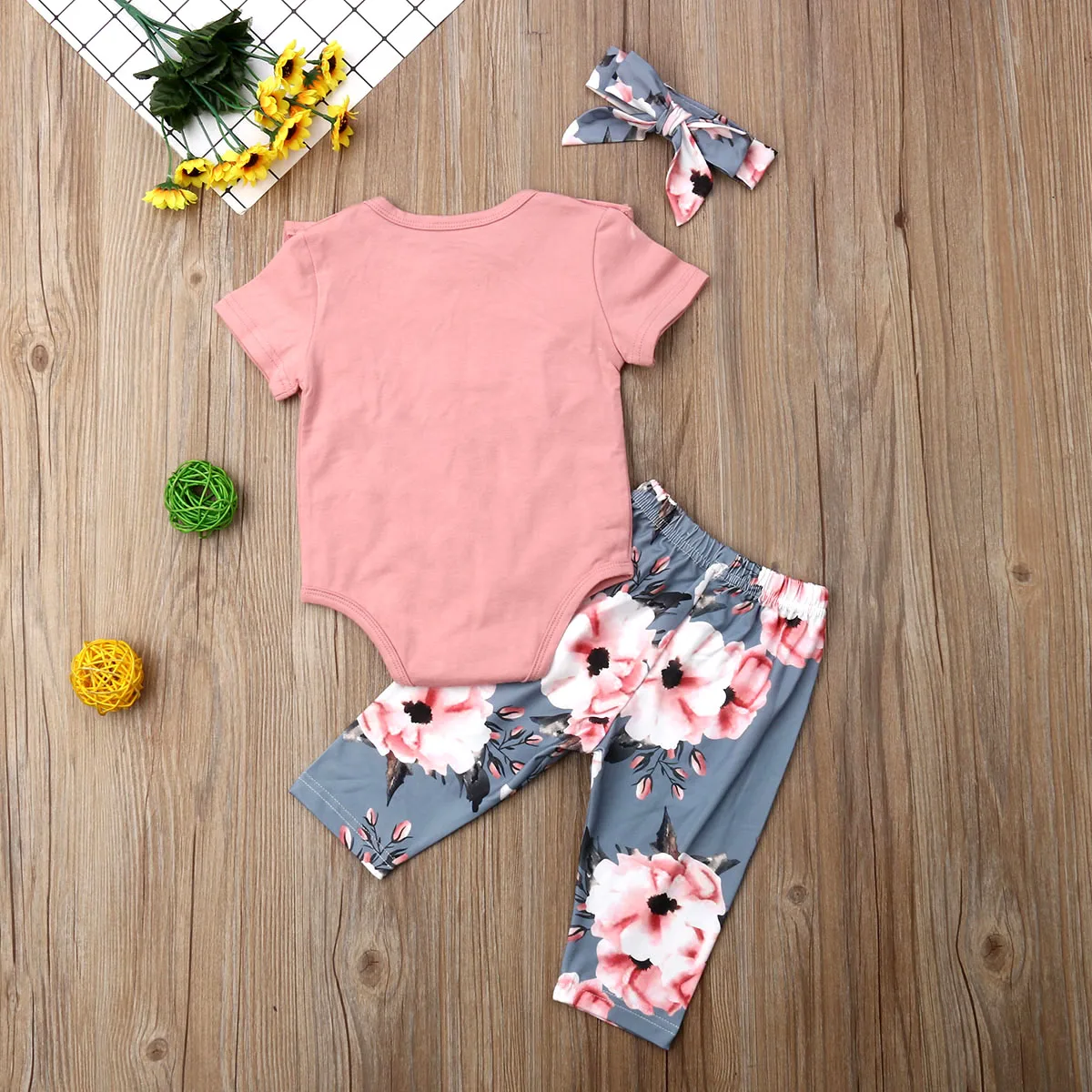 

0-4T Newborn Baby Girl Floral Short/Long Sleeve Romper + Long Pants Outfits Set Clothes