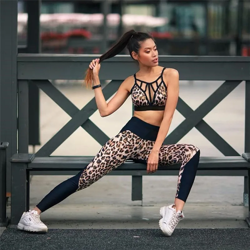 OVESPORT/женские комплекты повседневные для фитнеса леопардовые тонкие 2 предмета