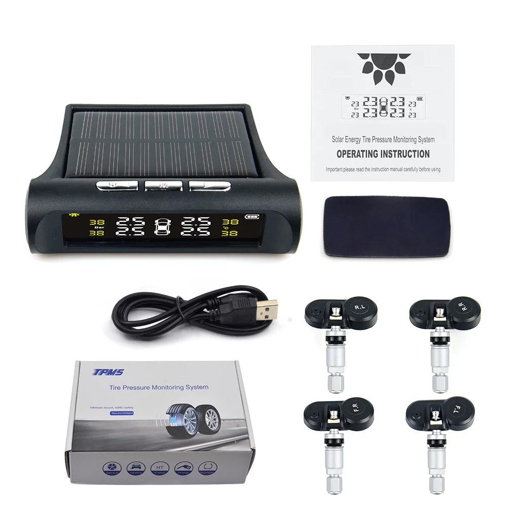 VSTM Солнечная энергия USB TPMS система контроля давления в автомобильных шинах lcd 4 внешних/внутренних датчика для внедорожПредупреждение о температуре