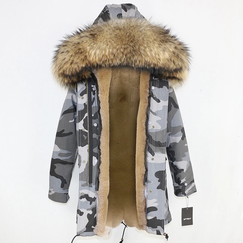 grey camo D OFTBUY, зимняя женская куртка, пальто из натурального меха, длинная парка, воротник из натурального меха енота, Толстая теплая уличная верхняя одежда, Повседневная Новинка - Цвет: grey camo D