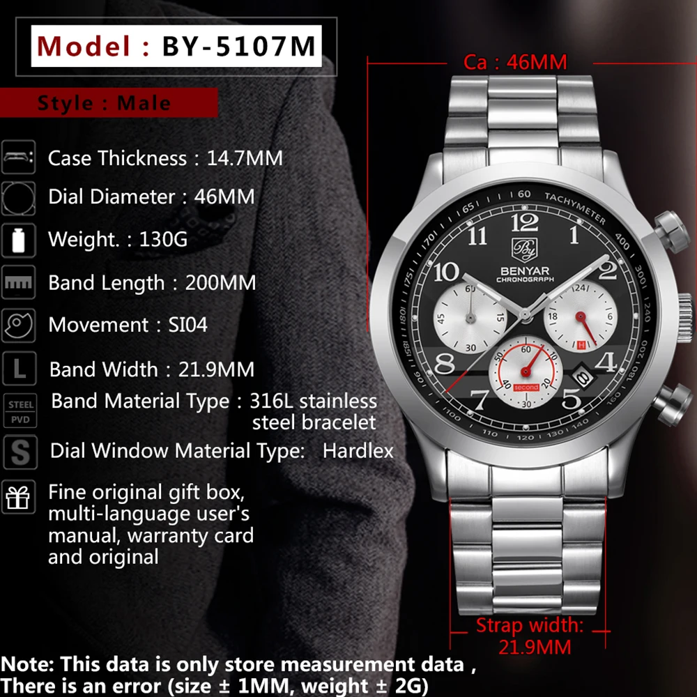 BENYAR серебро montre pour homme Mode спортивные кварцевые часы Top Marque De Luxe поверенные Relogio