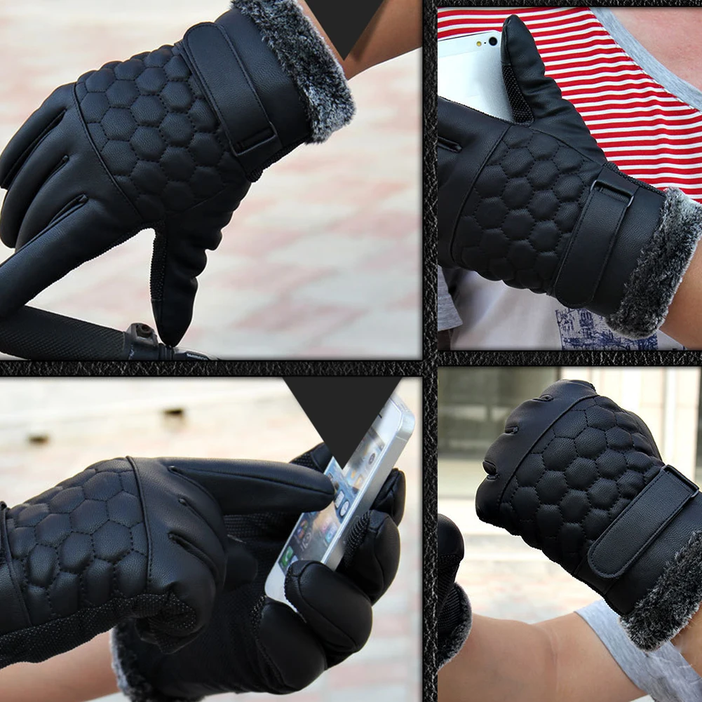 Men Sweat-proof Outdoor Breathable Plush Cuff Gloves PU Leather Retro Wear-resistant Thicken Anti-skid Winter Warm | Спорт и