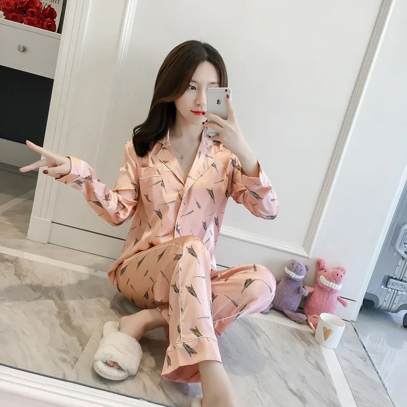 Пижамы для Для женщин 2 шт. осень-зима пижамы сна высококлассные s шелковый атлас