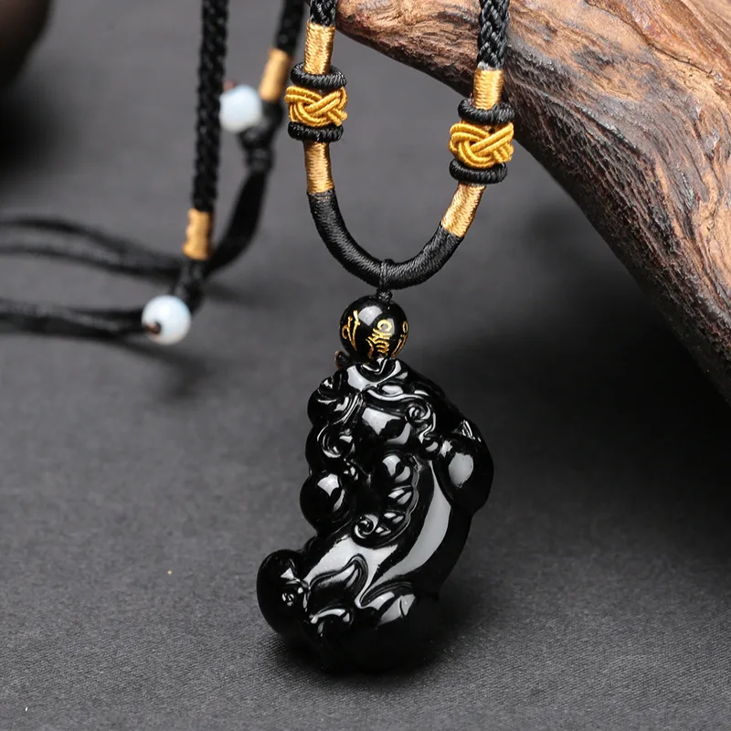 Высококачественный натуральный черный обсидиановый амулет с резьбой PIXIU