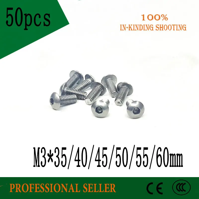 

50pcs M3*35/40/45/50/55/60mm Stainless Steel 304 Round Head Screws Mushroom Hexagon hex Socket Button Head Screw Bolt