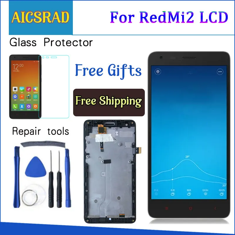 

AICSRAD Black LCD+TP+Frame for Xiaomi Redmi2 Redmi 2 LCD Display+ Touch Screen Digitizer Assembly+Frame For Red Rice 2