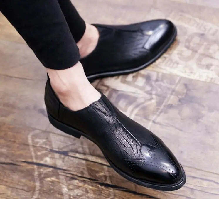 Genuine leather black dress shoes men slip on smart casual height increasing med heel summer pointed toes carved brogue | Обувь