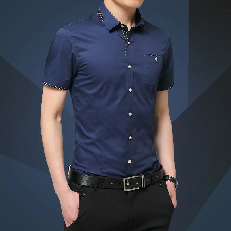 Dark Blue Лето, мужская рубашка с коротким рукавом, Мужская облегающая Модная рубашка, рубашка, Азиатский Размер 5XL, брендовая одежда - Цвет: Dark Blue