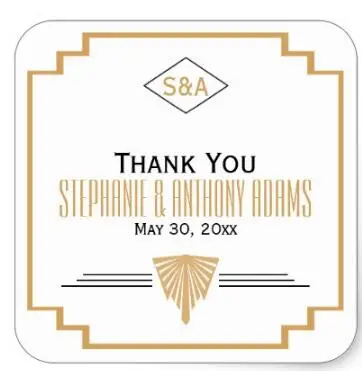 

1.5inch Monogram Black, Gold and White Art Deco Wedding Square Sticker