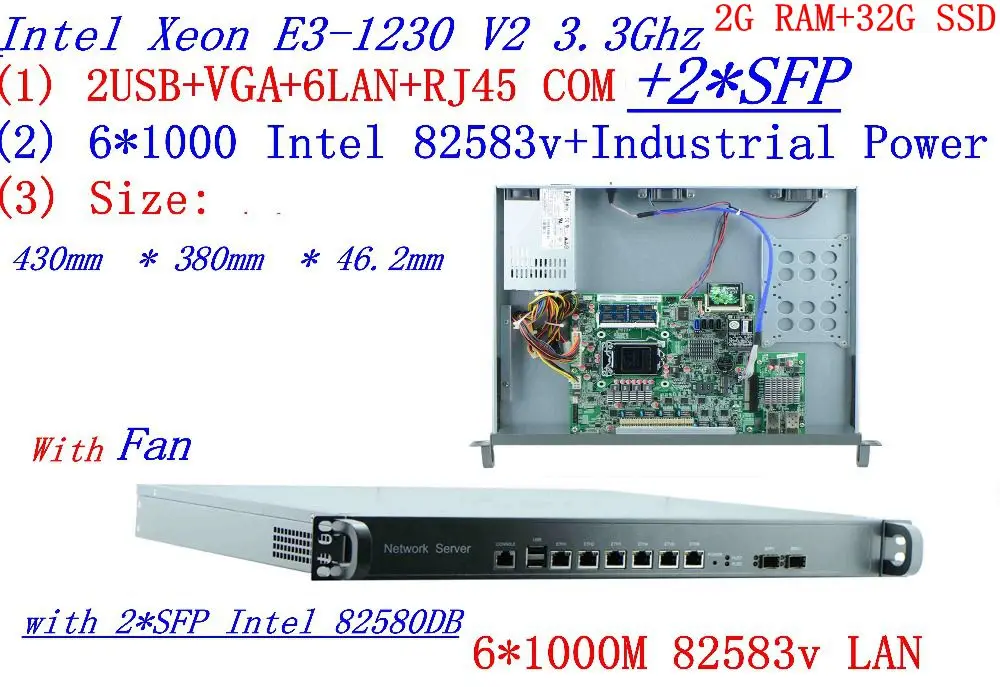 1U сервер брандмауэра маршрутизатор двигателя с 2 * SFP 6*82583 v Gigabit lan Inte Quad Core Xeon E3-1230 V2